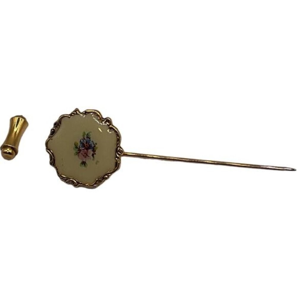 Antique Gold Tone Floral Stick Pin Brooch With Enamel Design & Detachable Cap